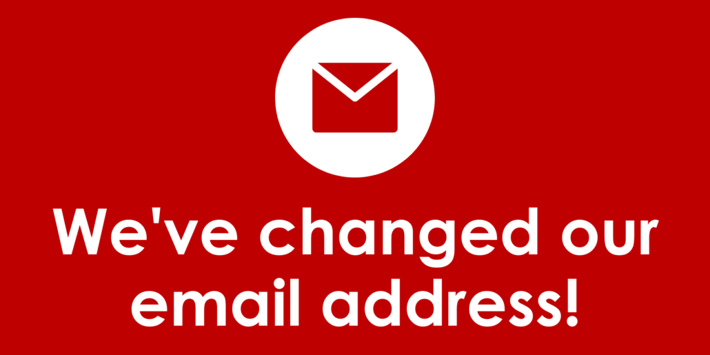 White envelope icon and text: We’ve changed our email address! on a red background.