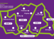 Map of zones and towns for the itravel service, outlined in green on a purple background.