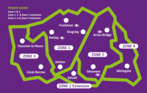 Map of zones and towns for the itravel service, outlined in green on a purple background.